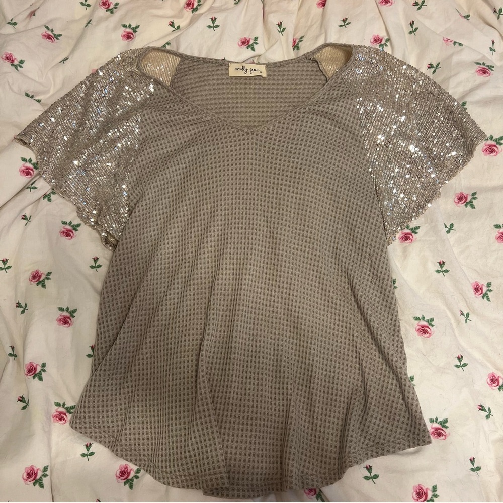 Moody Green Waffle Knit Sparkle Sequin Sleeve top